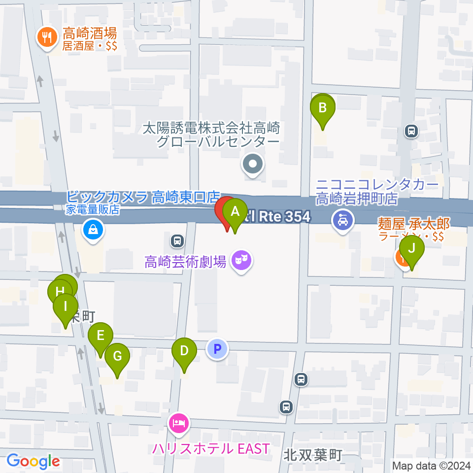 高崎芸術劇場周辺のファミレス・ファーストフード一覧地図