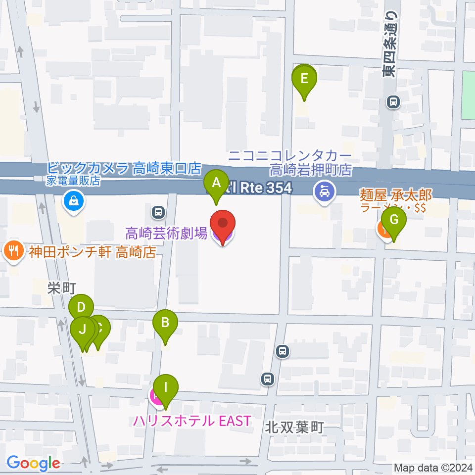 高崎芸術劇場周辺のファミレス・ファーストフード一覧地図