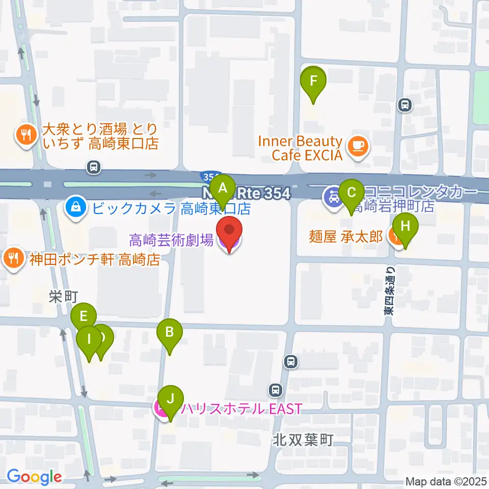 高崎芸術劇場周辺のファミレス・ファーストフード一覧地図