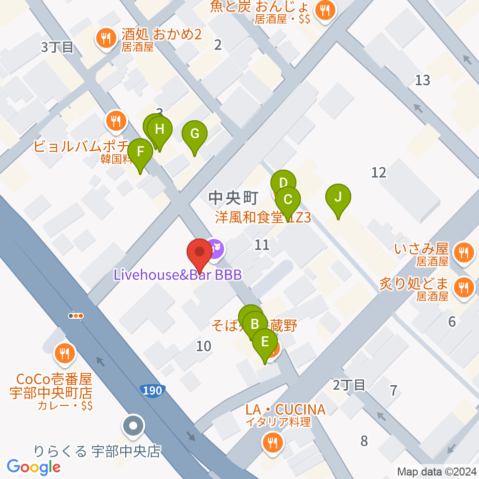 宇部BBB周辺のファミレス・ファーストフード一覧地図