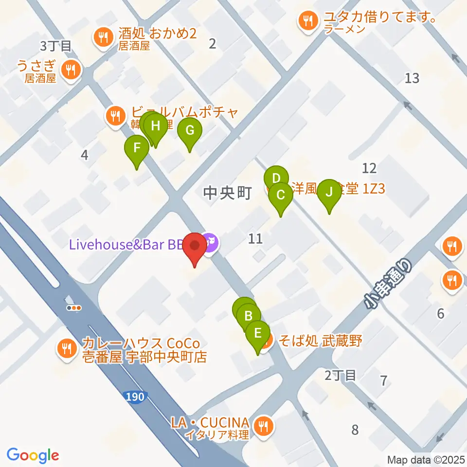 宇部BBB周辺のファミレス・ファーストフード一覧地図
