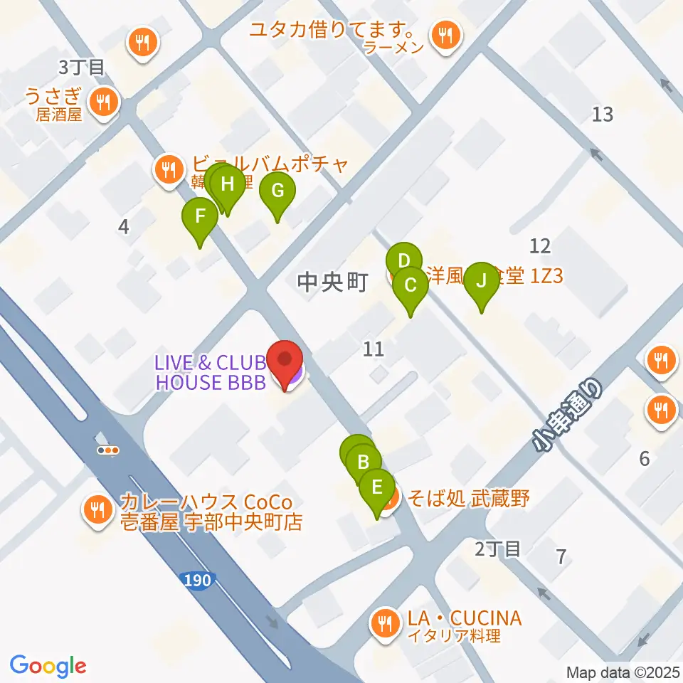 宇部BBB周辺のファミレス・ファーストフード一覧地図