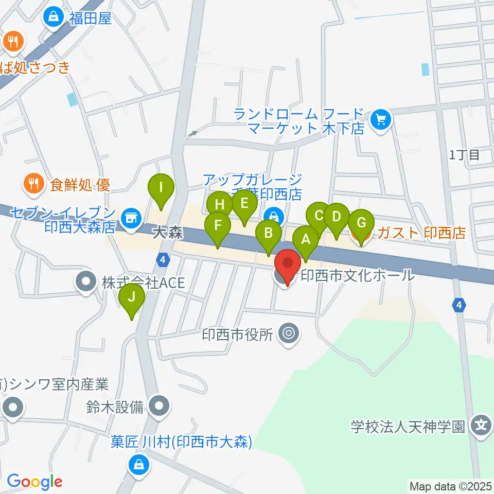 印西市文化ホール周辺のファミレス・ファーストフード一覧地図