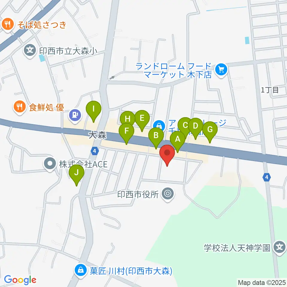 印西市文化ホール周辺のファミレス・ファーストフード一覧地図