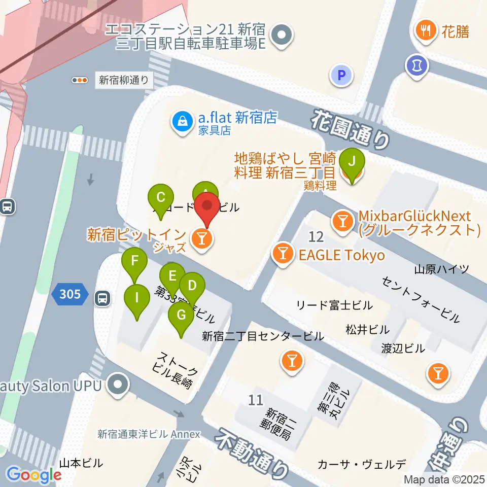 新宿PIT INN周辺のファミレス・ファーストフード一覧地図
