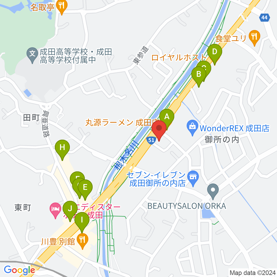 ラジオ成田周辺のファミレス・ファーストフード一覧地図