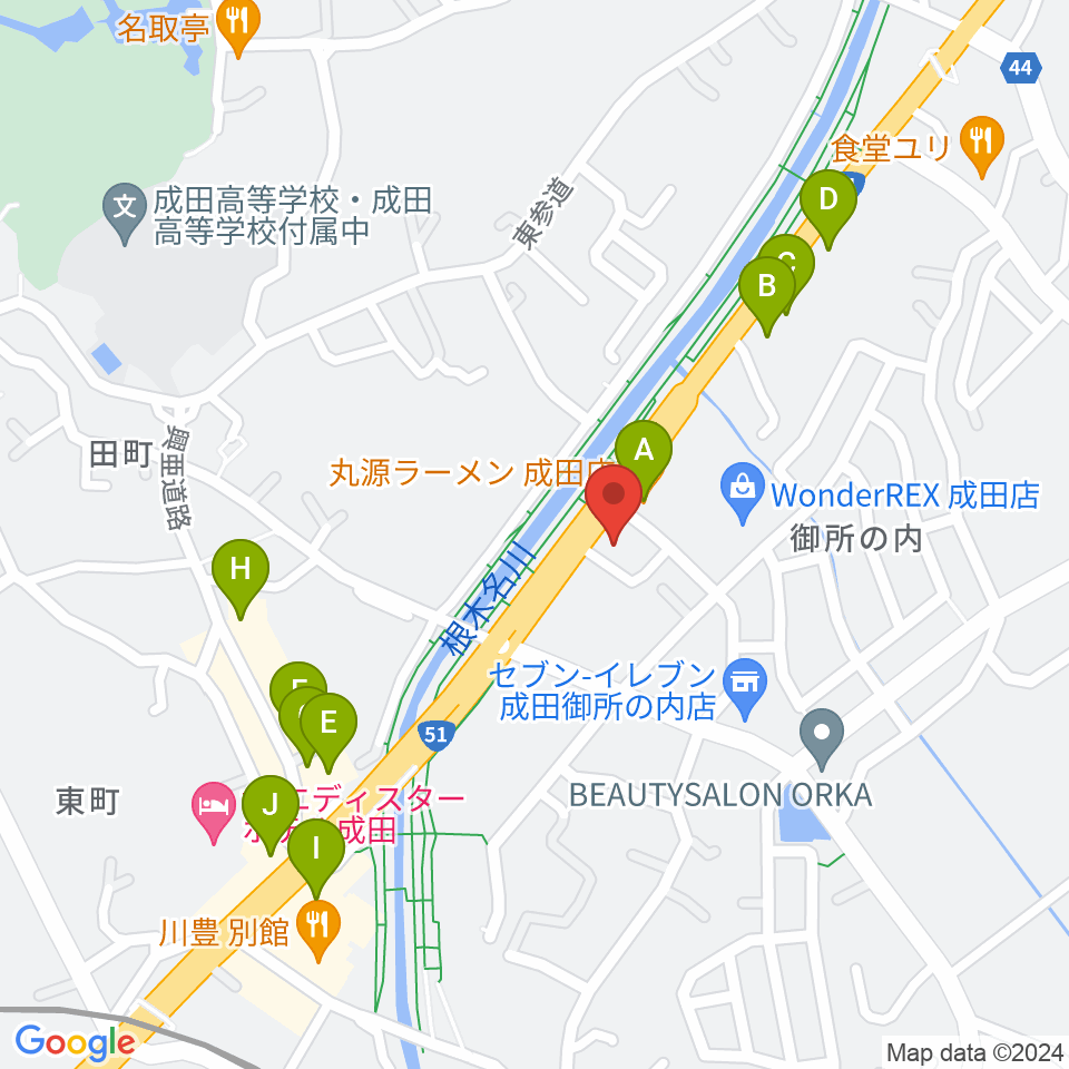 ラジオ成田周辺のファミレス・ファーストフード一覧地図