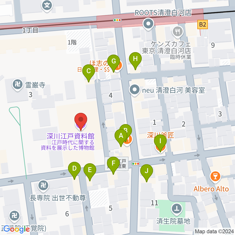 深川江戸資料館周辺のファミレス・ファーストフード一覧地図