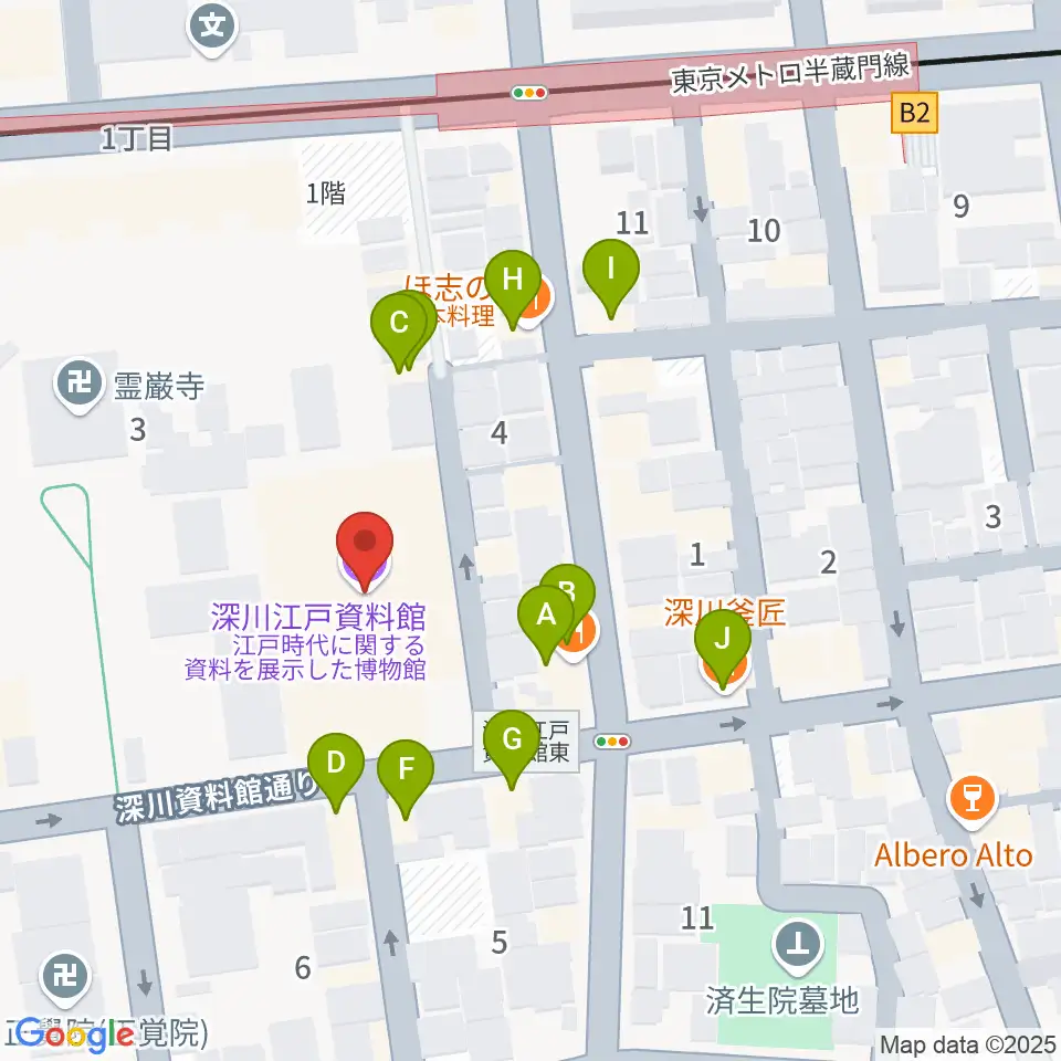 深川江戸資料館周辺のファミレス・ファーストフード一覧地図