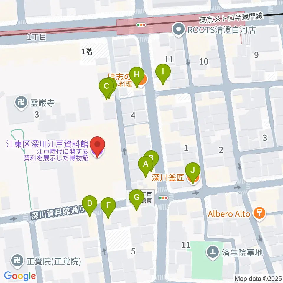深川江戸資料館周辺のファミレス・ファーストフード一覧地図
