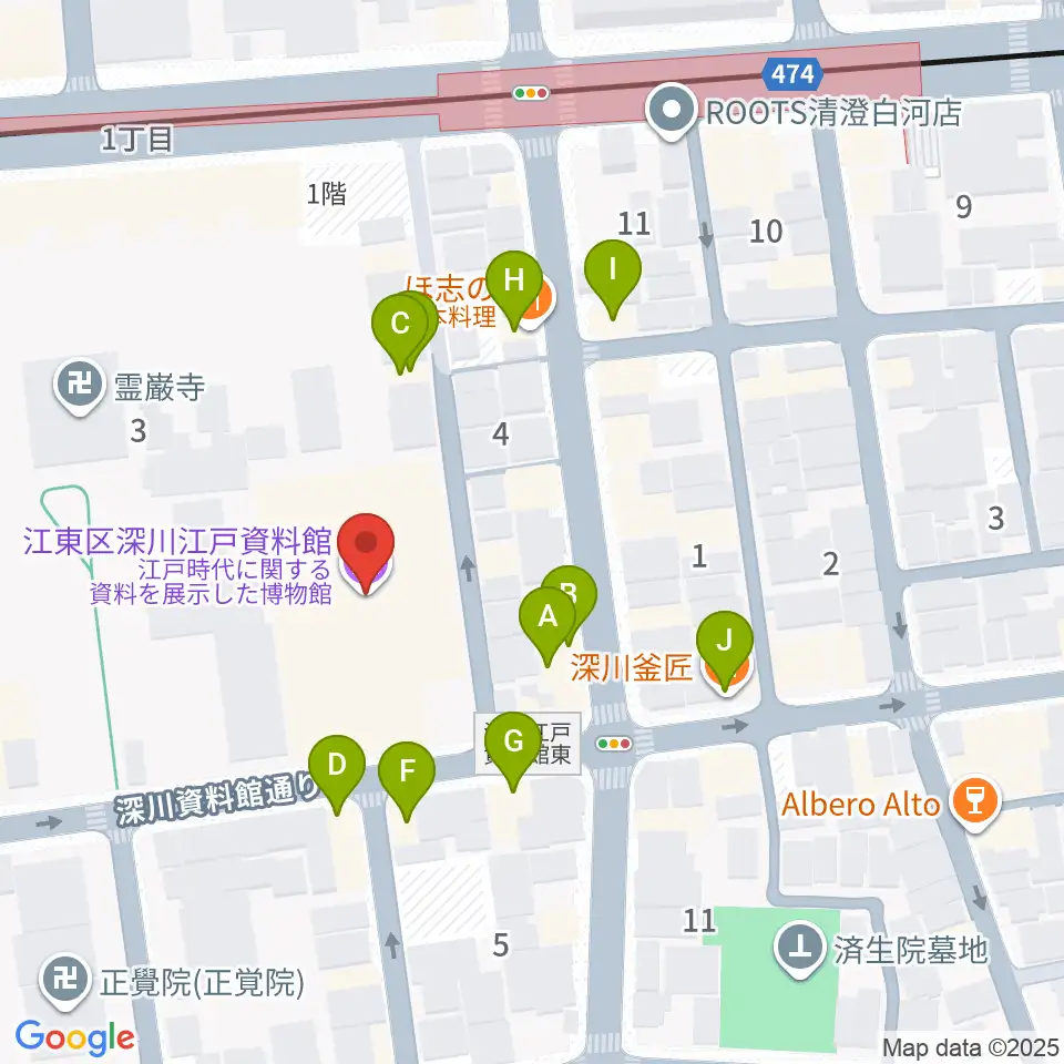 深川江戸資料館周辺のファミレス・ファーストフード一覧地図