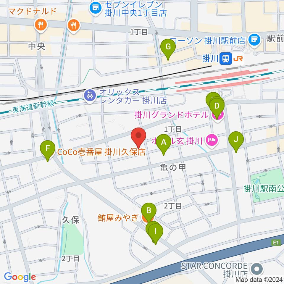 掛川市美感ホール周辺のファミレス・ファーストフード一覧地図