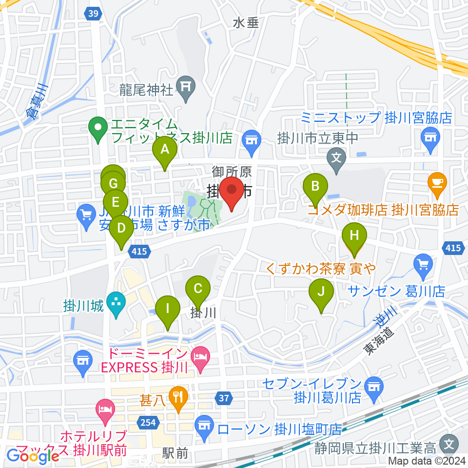 掛川市生涯学習センター周辺のファミレス・ファーストフード一覧地図