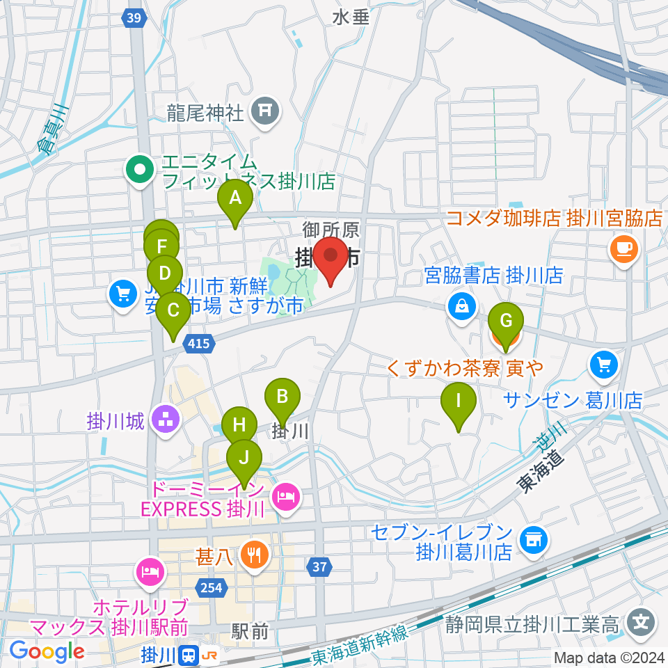 掛川市生涯学習センター周辺のファミレス・ファーストフード一覧地図