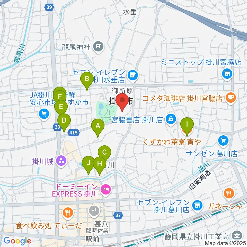 掛川市生涯学習センター周辺のファミレス・ファーストフード一覧地図