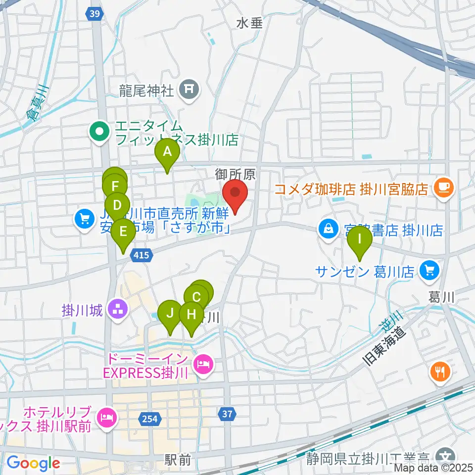 掛川市生涯学習センター周辺のファミレス・ファーストフード一覧地図