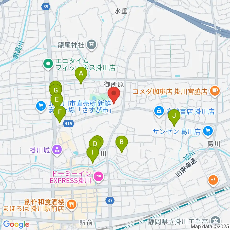 掛川市生涯学習センター周辺のファミレス・ファーストフード一覧地図