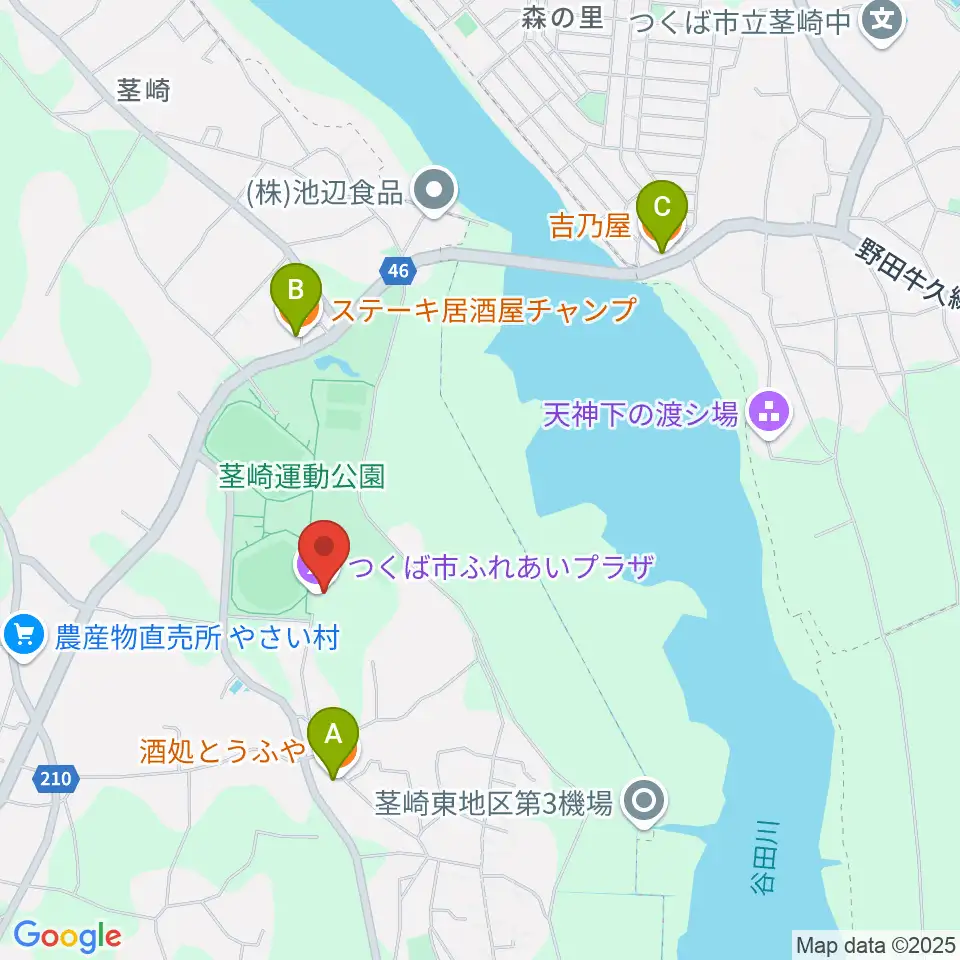 つくば市ふれあいプラザ周辺のファミレス・ファーストフード一覧地図
