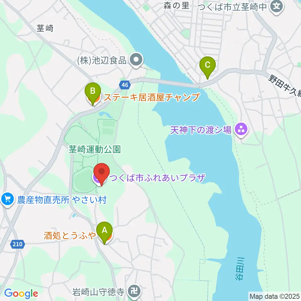 つくば市ふれあいプラザ周辺のファミレス・ファーストフード一覧地図