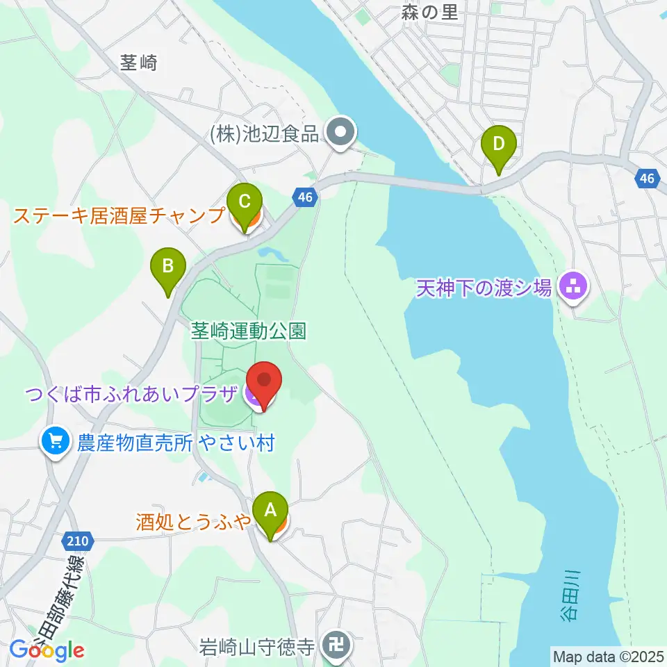 つくば市ふれあいプラザ周辺のファミレス・ファーストフード一覧地図