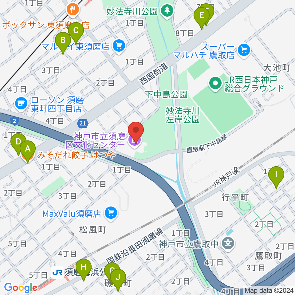 須磨区文化センター周辺のファミレス・ファーストフード一覧地図