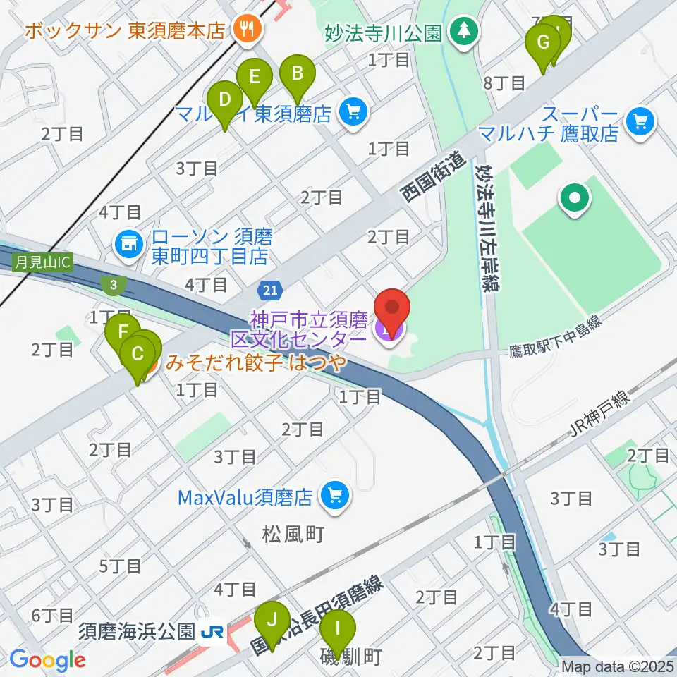 神戸市立須磨区文化センター周辺のファミレス・ファーストフード一覧地図