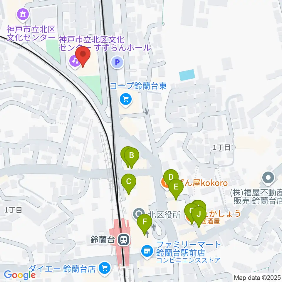 神戸市立北区文化センター周辺のファミレス・ファーストフード一覧地図