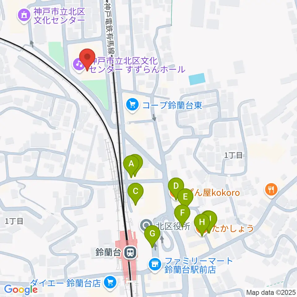 神戸市立北区文化センター周辺のファミレス・ファーストフード一覧地図