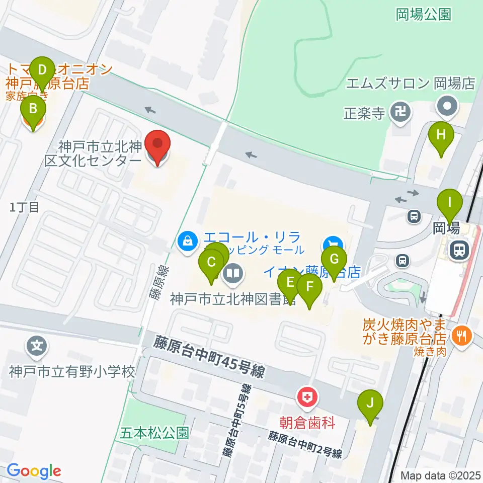 神戸市立北神区文化センター周辺のファミレス・ファーストフード一覧地図