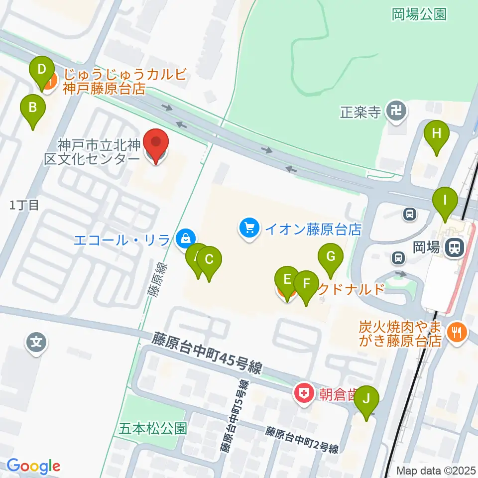 神戸市立北神区文化センター周辺のファミレス・ファーストフード一覧地図