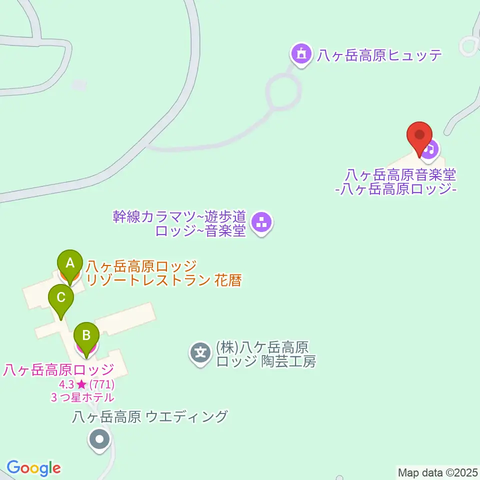 八ヶ岳高原音楽堂周辺のファミレス・ファーストフード一覧地図