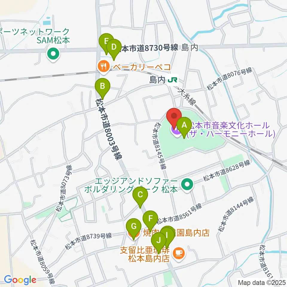 松本市音楽文化ホール ザ・ハーモニーホール周辺のファミレス・ファーストフード一覧地図