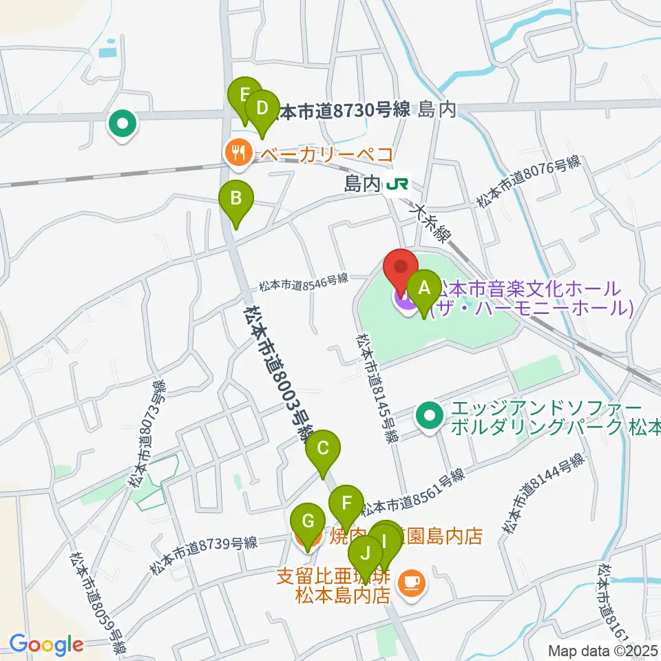 松本市音楽文化ホール ザ・ハーモニーホール周辺のファミレス・ファーストフード一覧地図