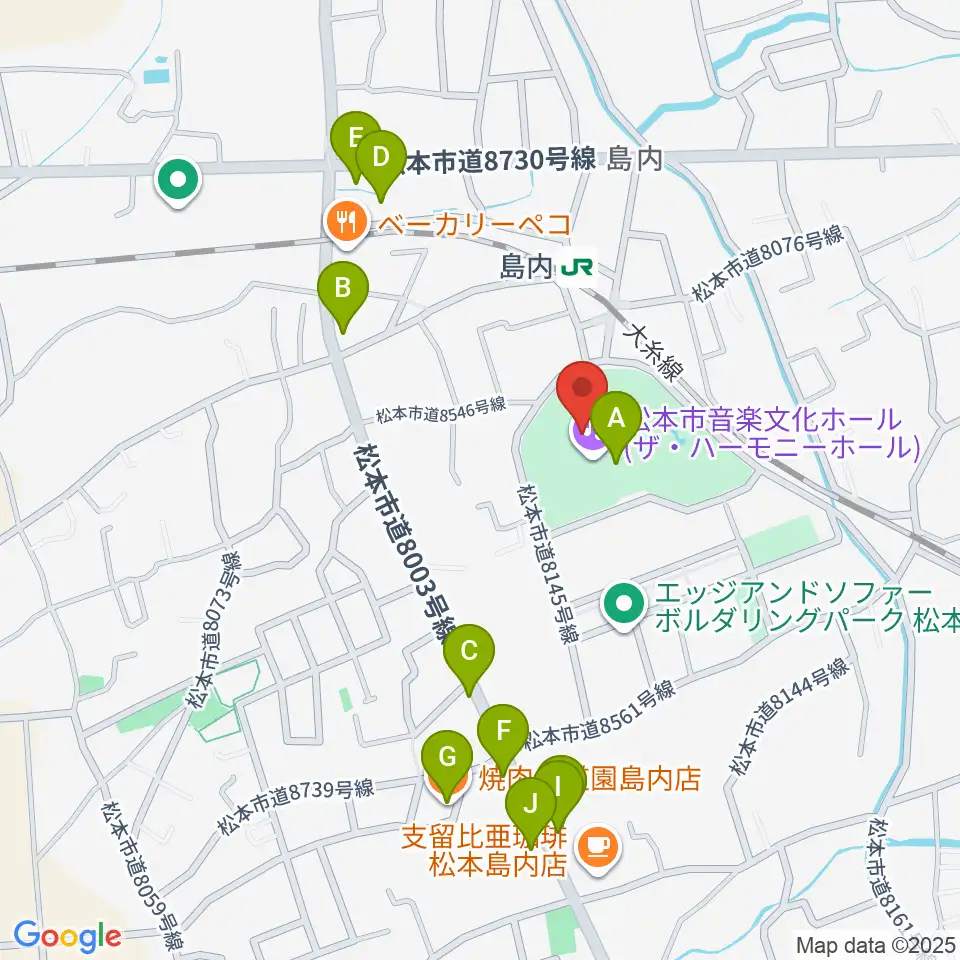 松本市音楽文化ホール ザ・ハーモニーホール周辺のファミレス・ファーストフード一覧地図