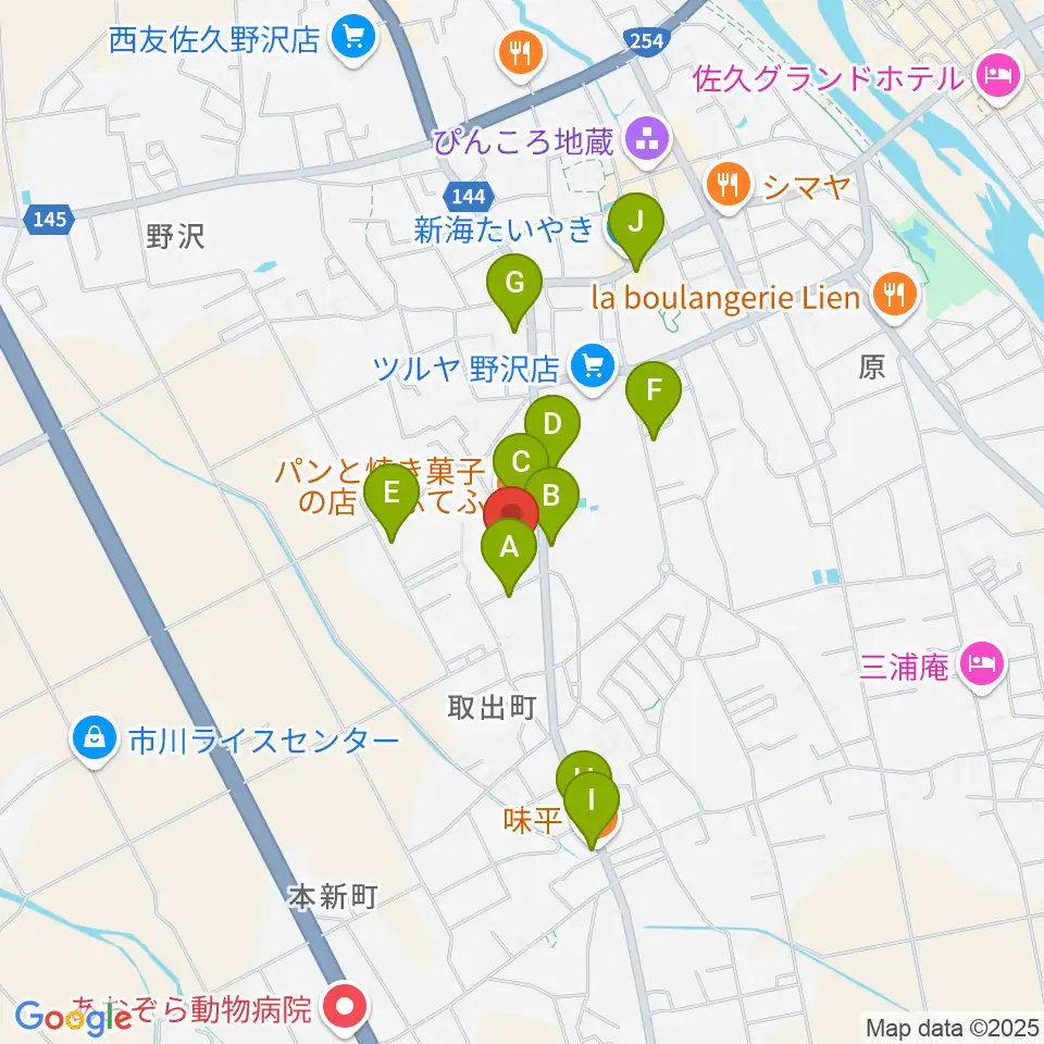 佐久市生涯学習センター野沢会館周辺のファミレス・ファーストフード一覧地図