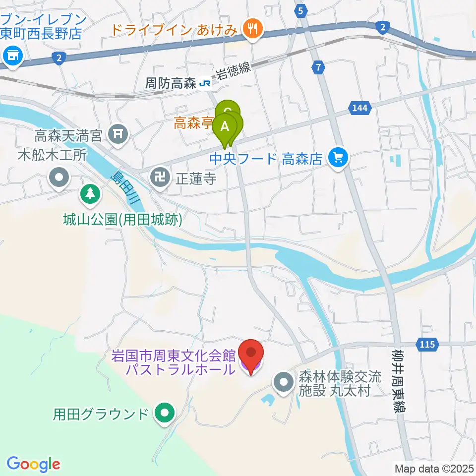 パストラルホール 岩国市周東文化会館周辺のファミレス・ファーストフード一覧地図