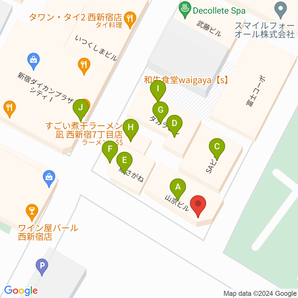 新宿21世紀周辺のファミレス・ファーストフード一覧地図