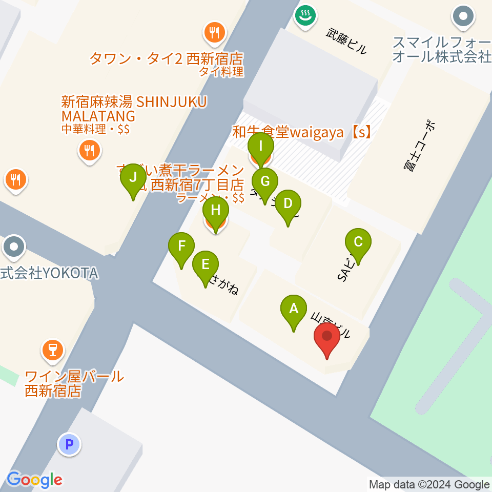 新宿21世紀周辺のファミレス・ファーストフード一覧地図