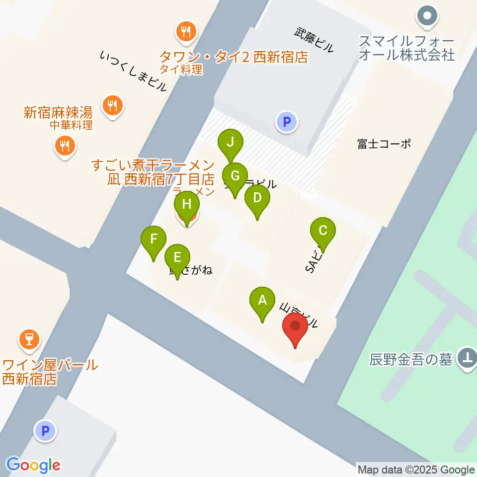 新宿21世紀周辺のファミレス・ファーストフード一覧地図