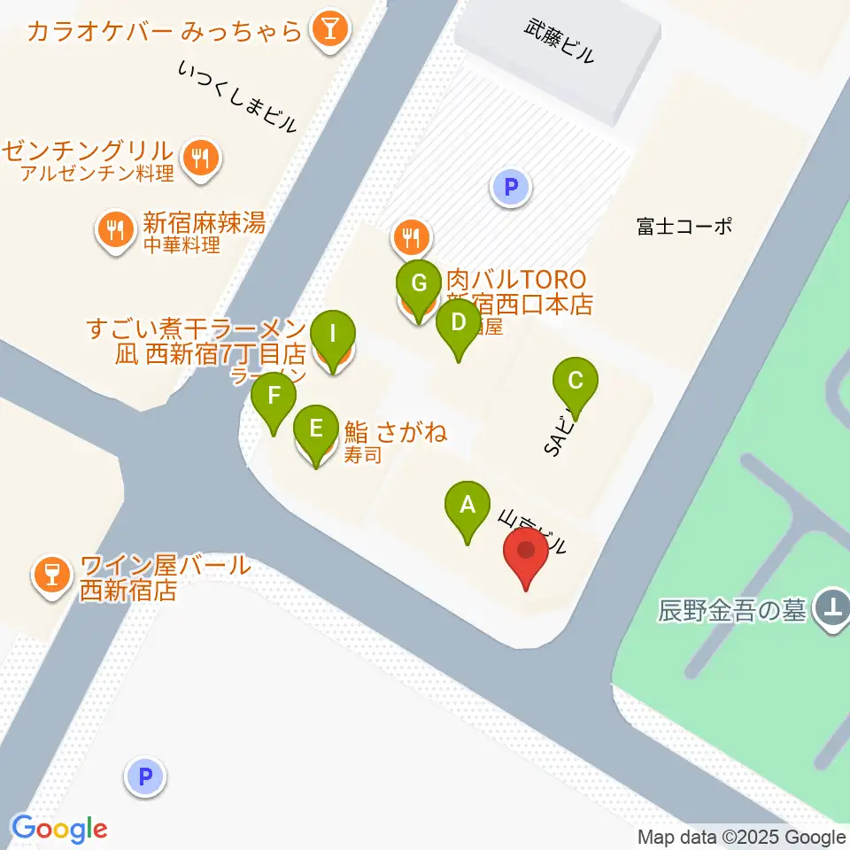 新宿21世紀周辺のファミレス・ファーストフード一覧地図