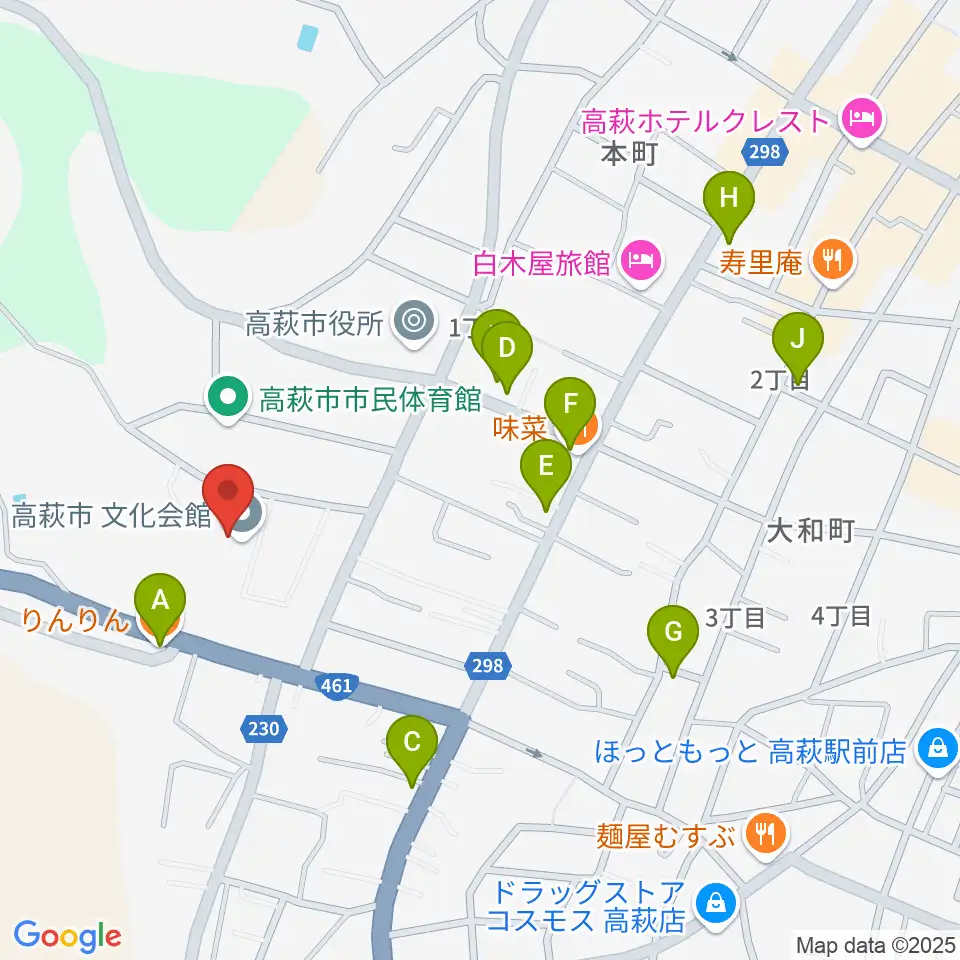 高萩市文化会館周辺のファミレス・ファーストフード一覧地図