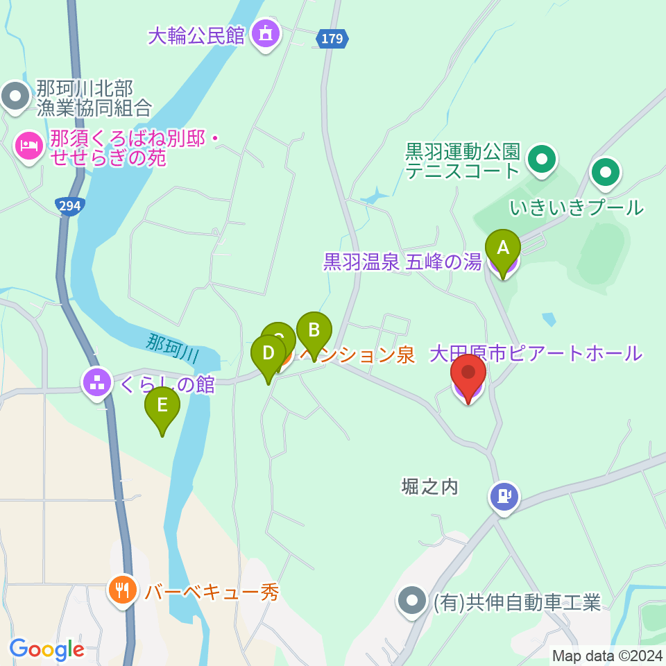 大田原市ピアートホール周辺のファミレス・ファーストフード一覧地図