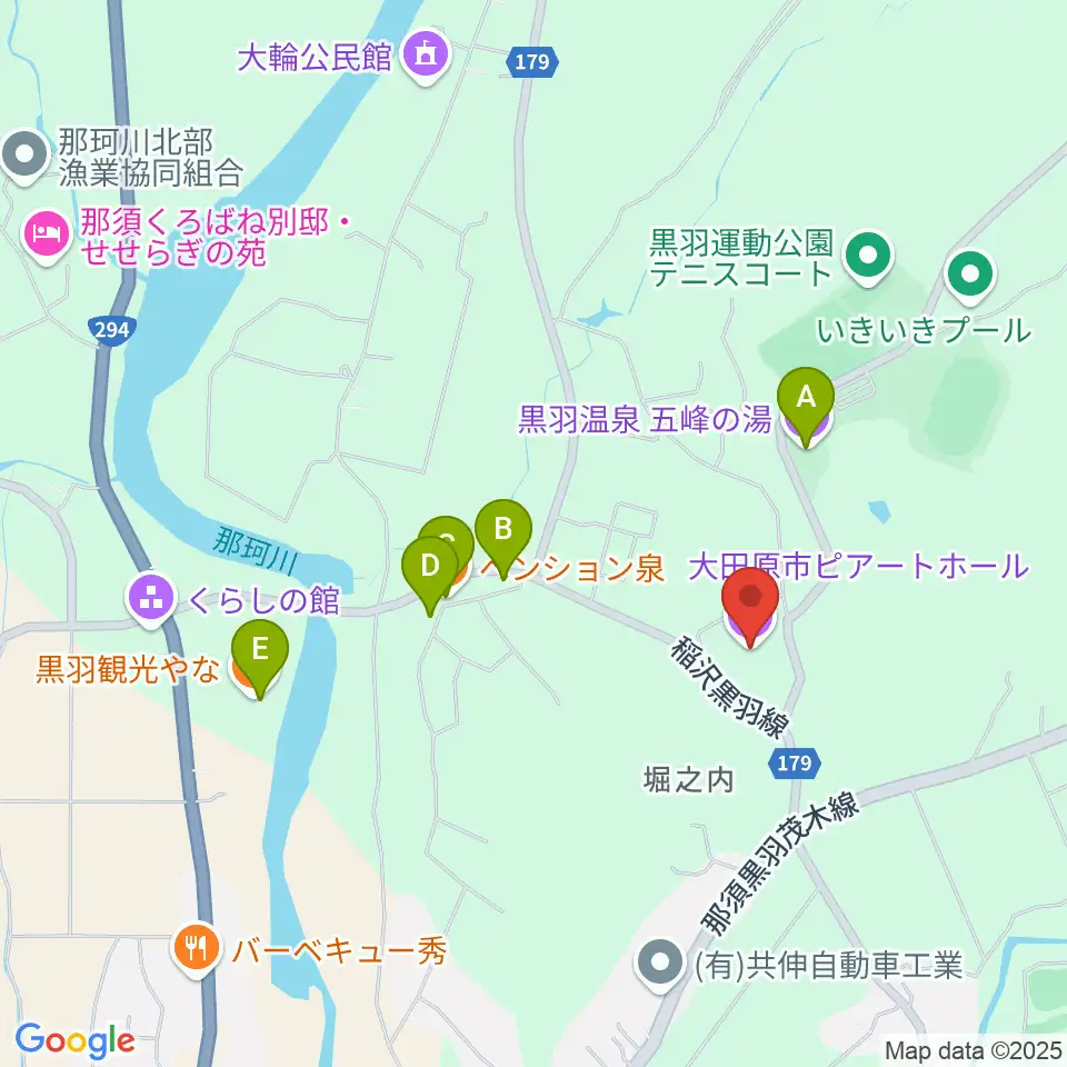大田原市ピアートホール周辺のファミレス・ファーストフード一覧地図
