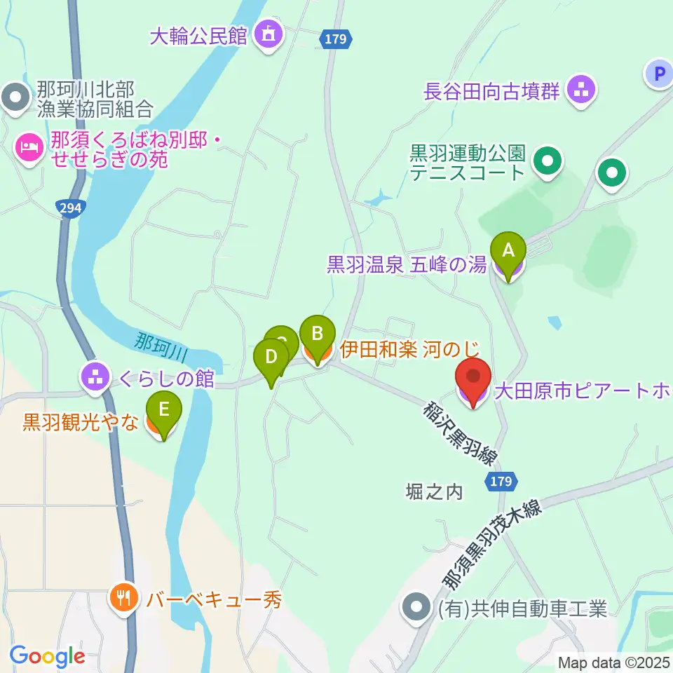 大田原市ピアートホール周辺のファミレス・ファーストフード一覧地図