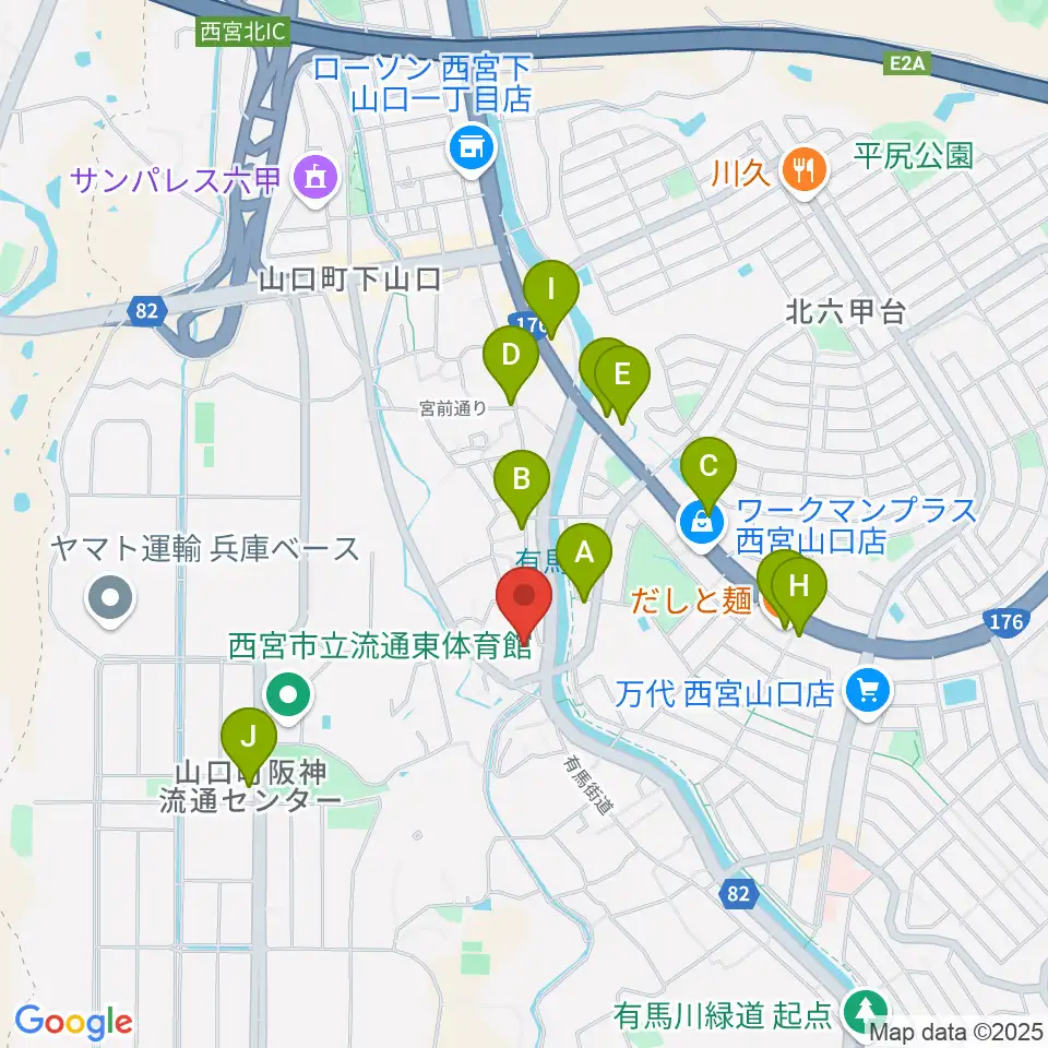 西宮市山口ホール周辺のファミレス・ファーストフード一覧地図