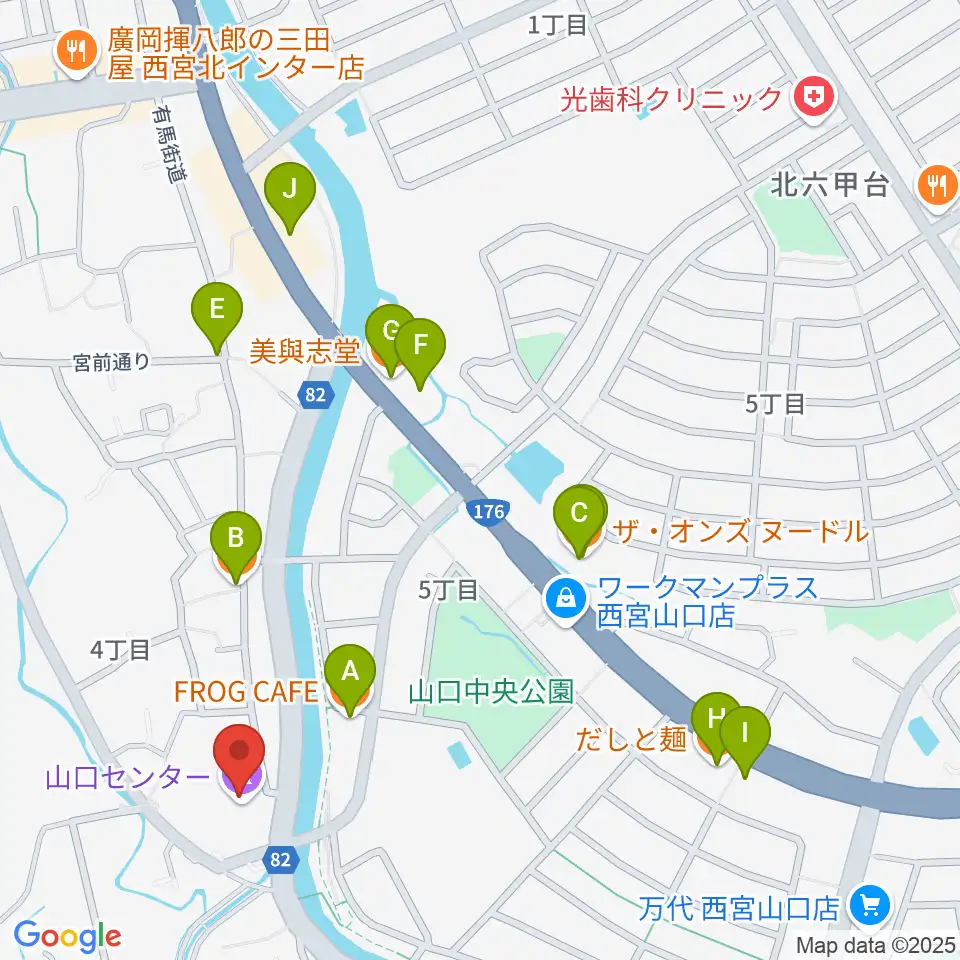 西宮市山口ホール周辺のファミレス・ファーストフード一覧地図