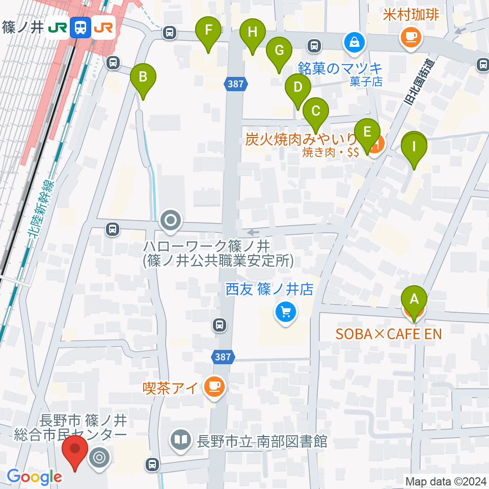 篠ノ井交流センター周辺のファミレス・ファーストフード一覧地図