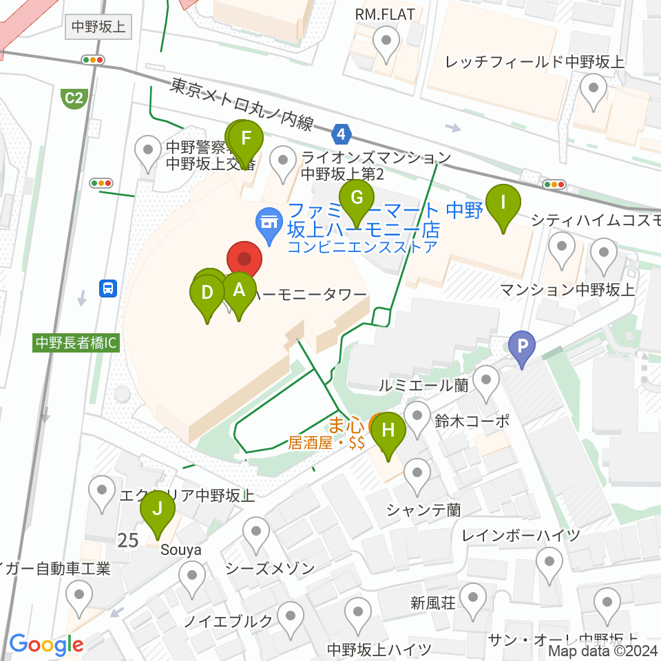中野坂上ハーモニーホール周辺のファミレス・ファーストフード一覧地図