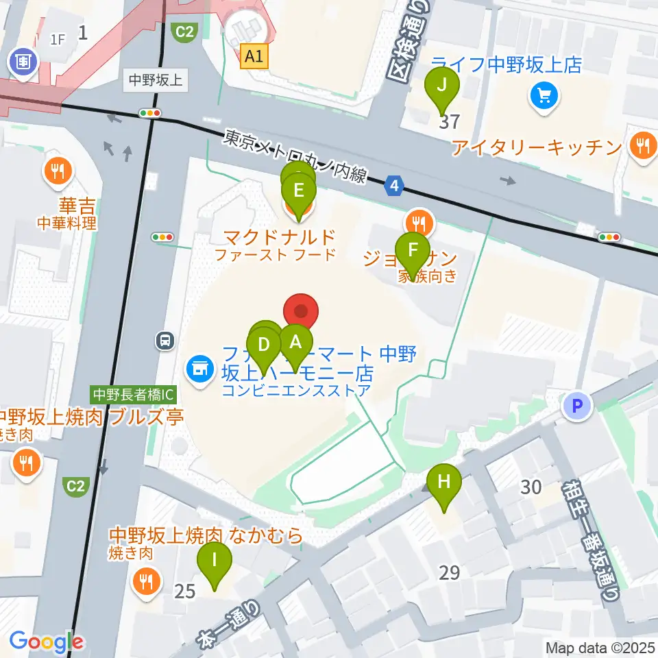 中野坂上ハーモニーホール周辺のファミレス・ファーストフード一覧地図