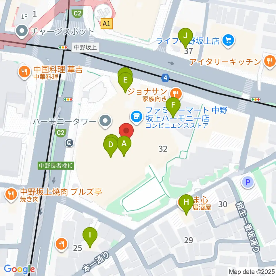 中野坂上ハーモニーホール周辺のファミレス・ファーストフード一覧地図